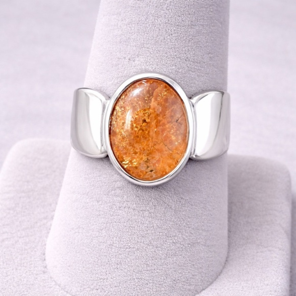 Natural Sunstone Oval Wide Band Ring | 925 Silver Timeless Flash NEW 6.5 #555